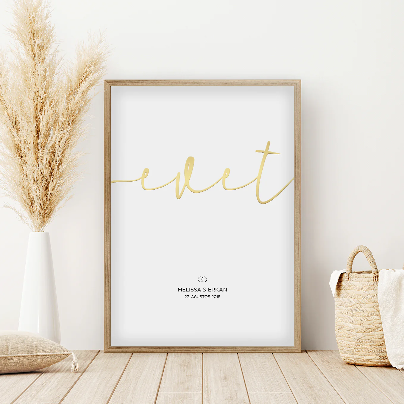 Affiche de mariage "Evet" (turc) avec écriture dorée