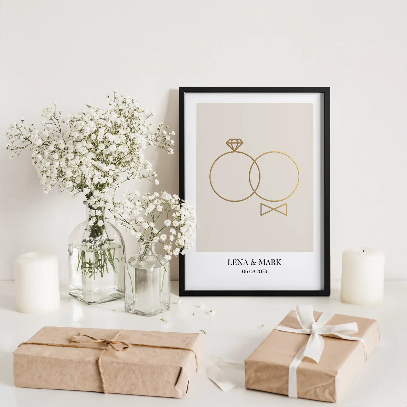 Affiche de mariage "Anneaux" avec feuille d'or