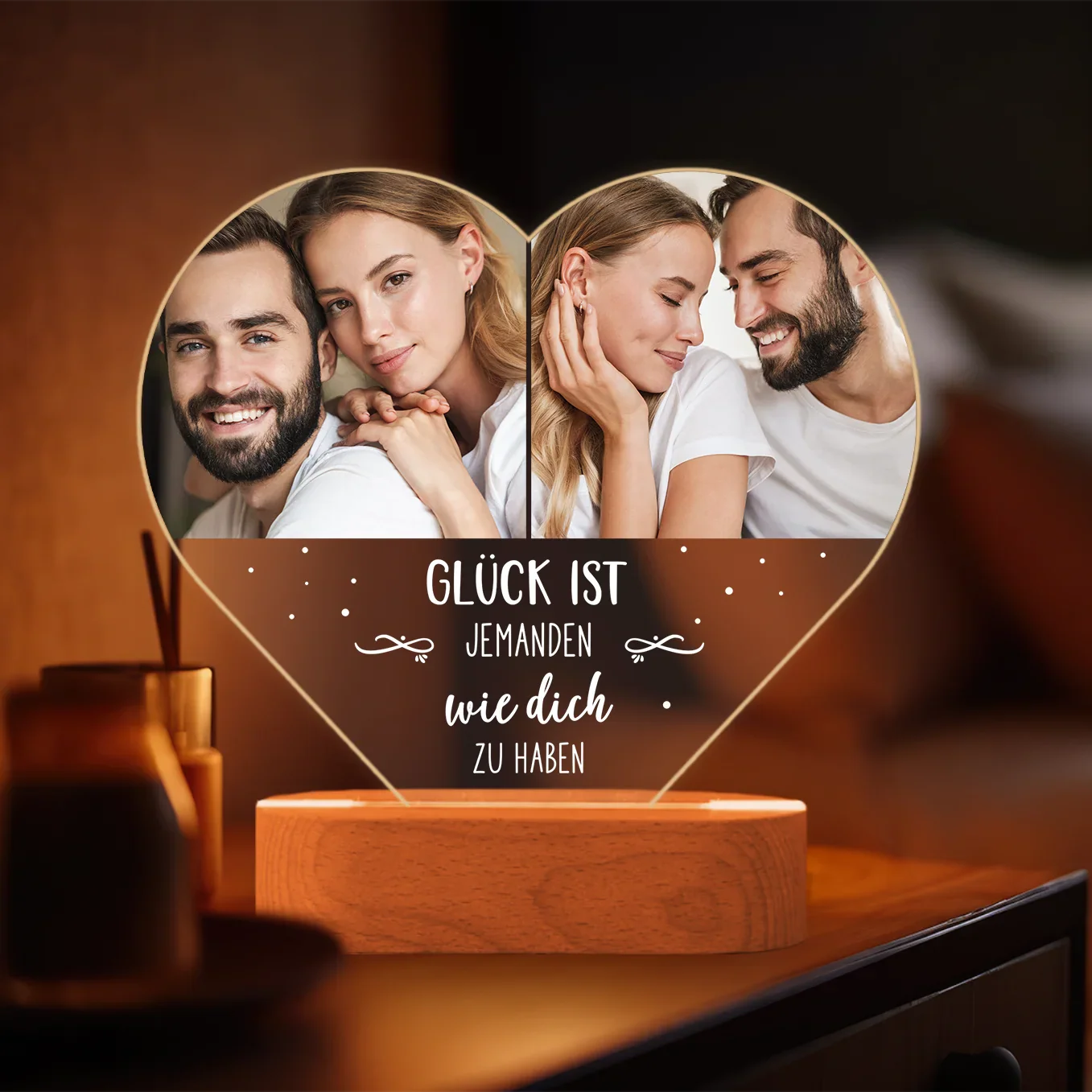 Lampe personnalisée « Photos et Texte » en acrylique en forme de cœur | Veilleuse décorative, lampe de chevet élégante