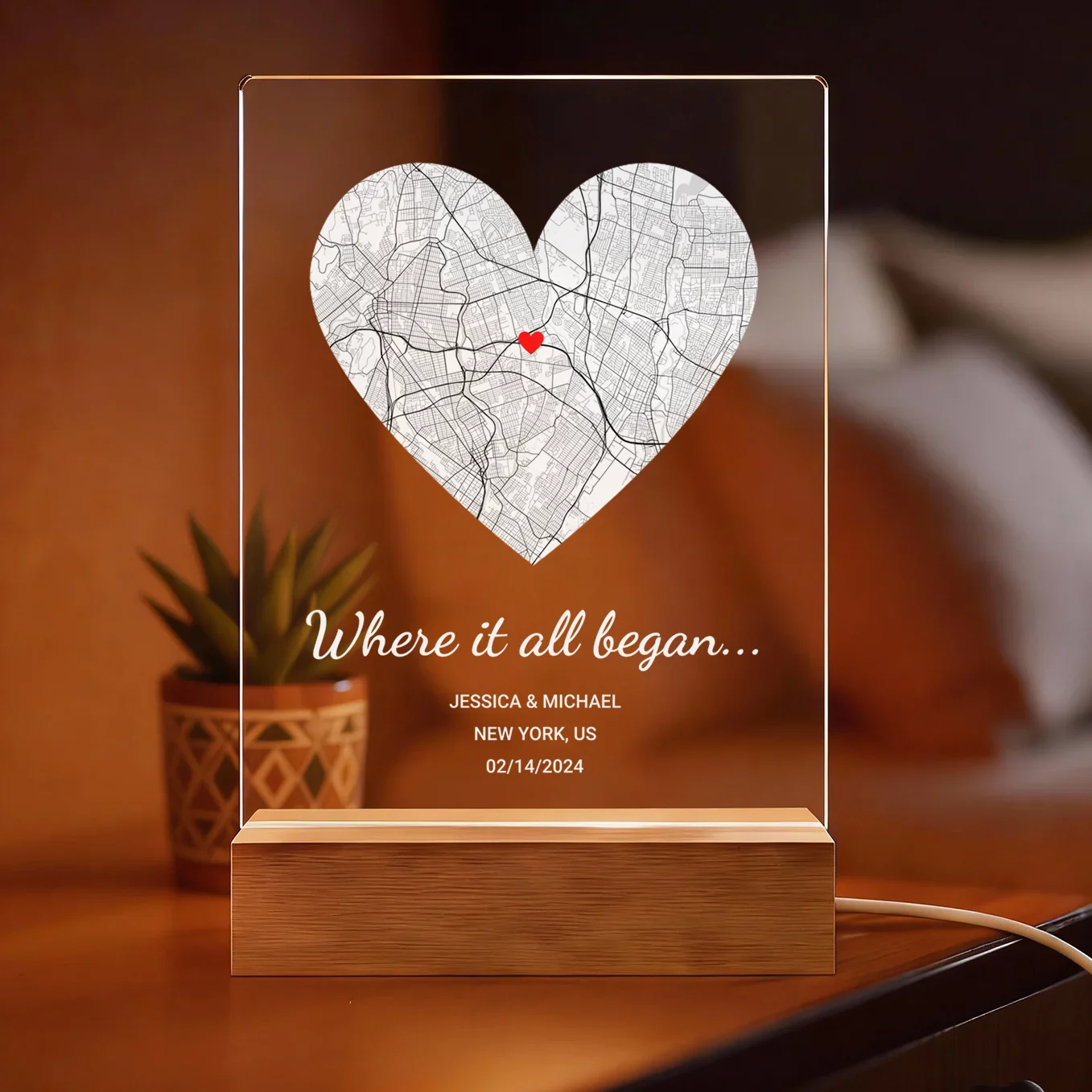 (US) Personalisiertes Acryl-Licht ''Wo alles begann'' | Nachtlicht, Dekolicht, Glowlight
