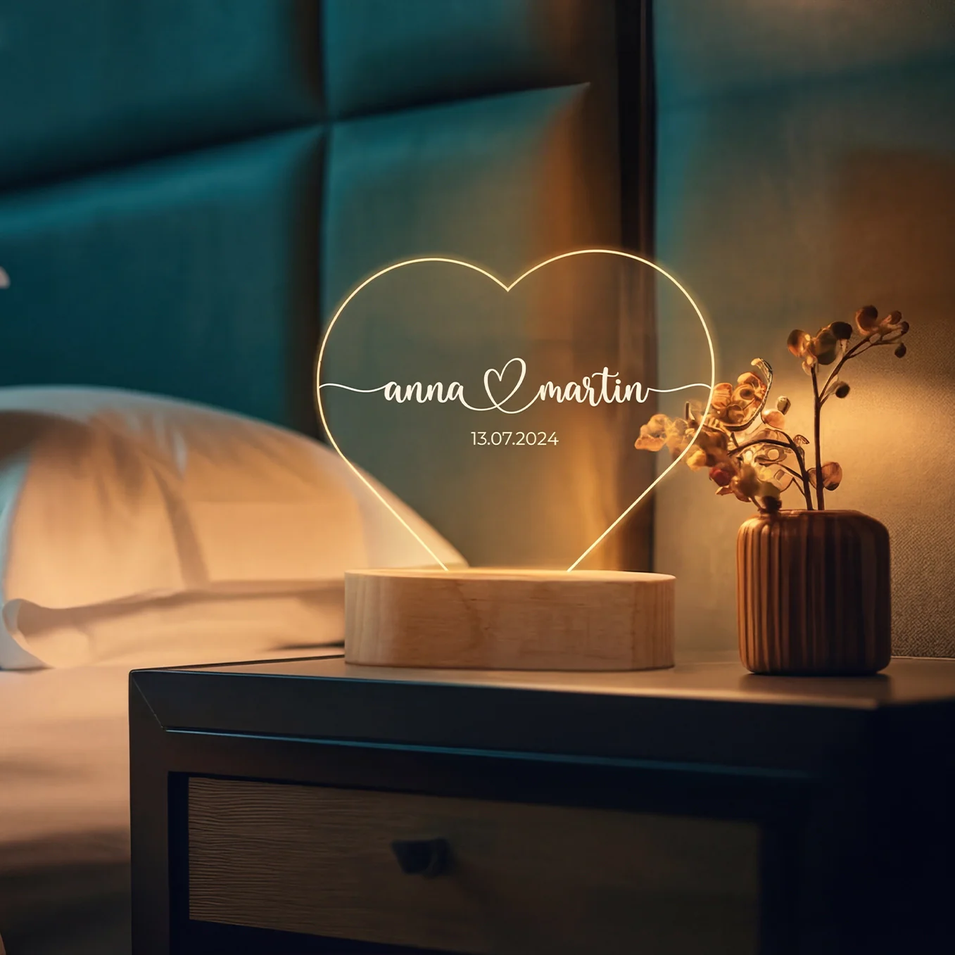 Lumière acrylique coeur personnalisée « Noms et date » | Veilleuse, lumière décorative - Image 2