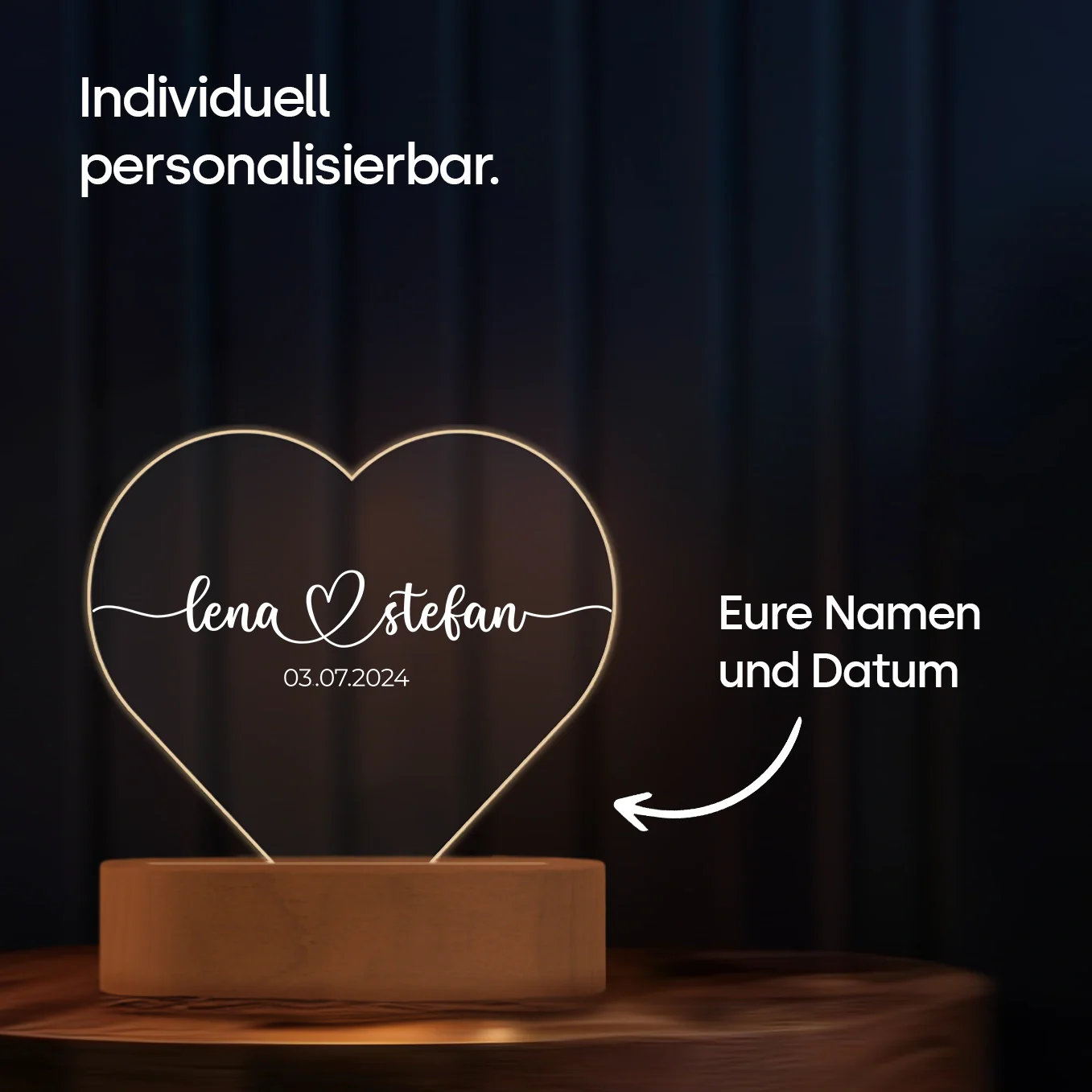 Lumière acrylique coeur personnalisée « Noms et date » | Veilleuse, lumière décorative - Image 3