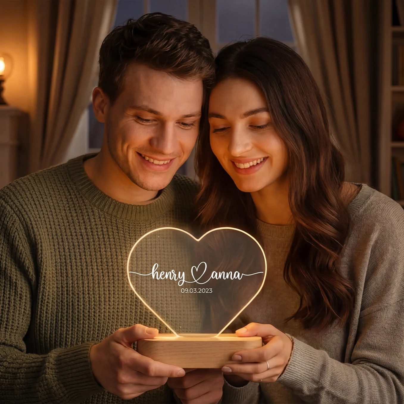 Lumière acrylique coeur personnalisée « Noms et date » | Veilleuse, lumière décorative - Image 4