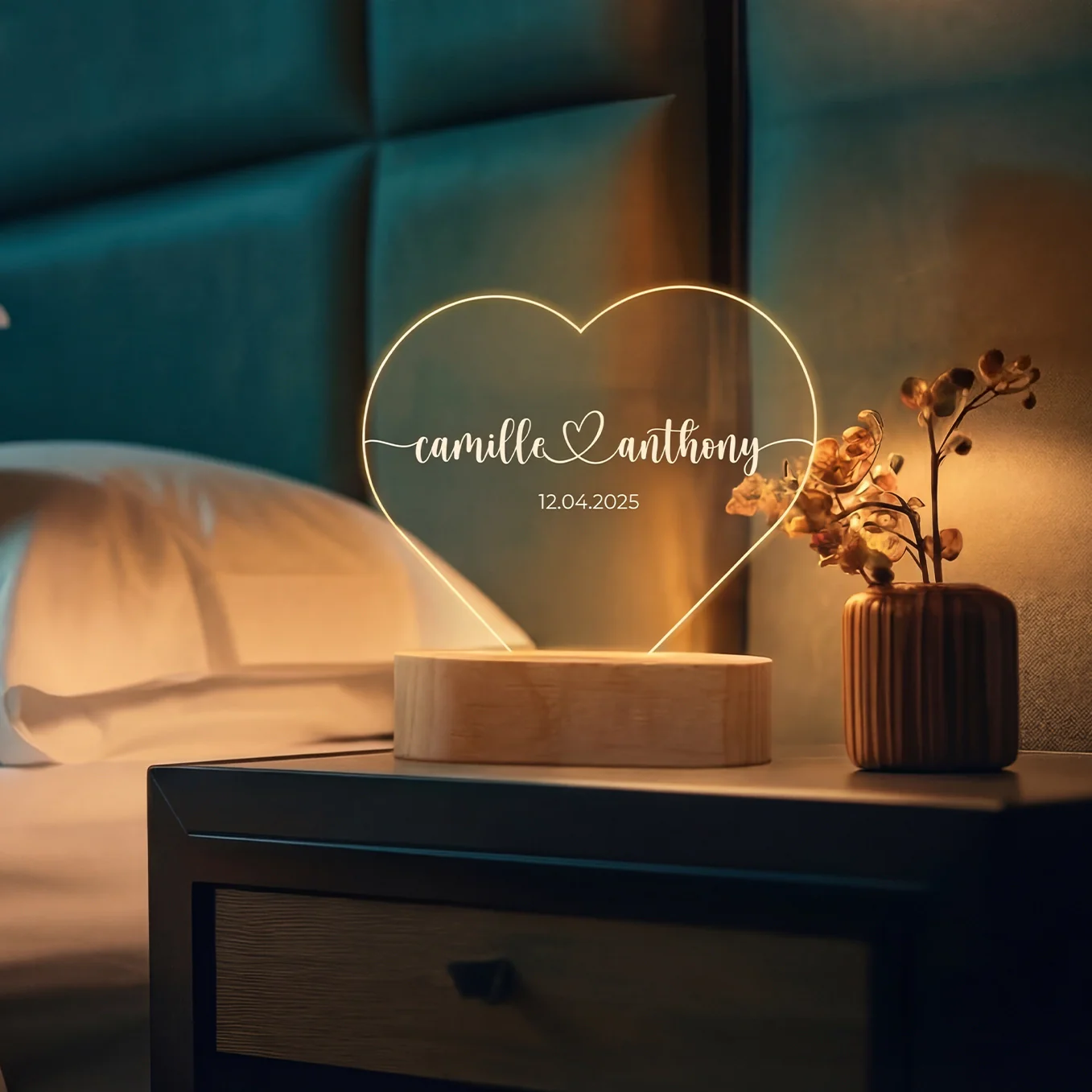 Lumière acrylique coeur personnalisée « Noms et date » | Veilleuse, lumière décorative - Image 12