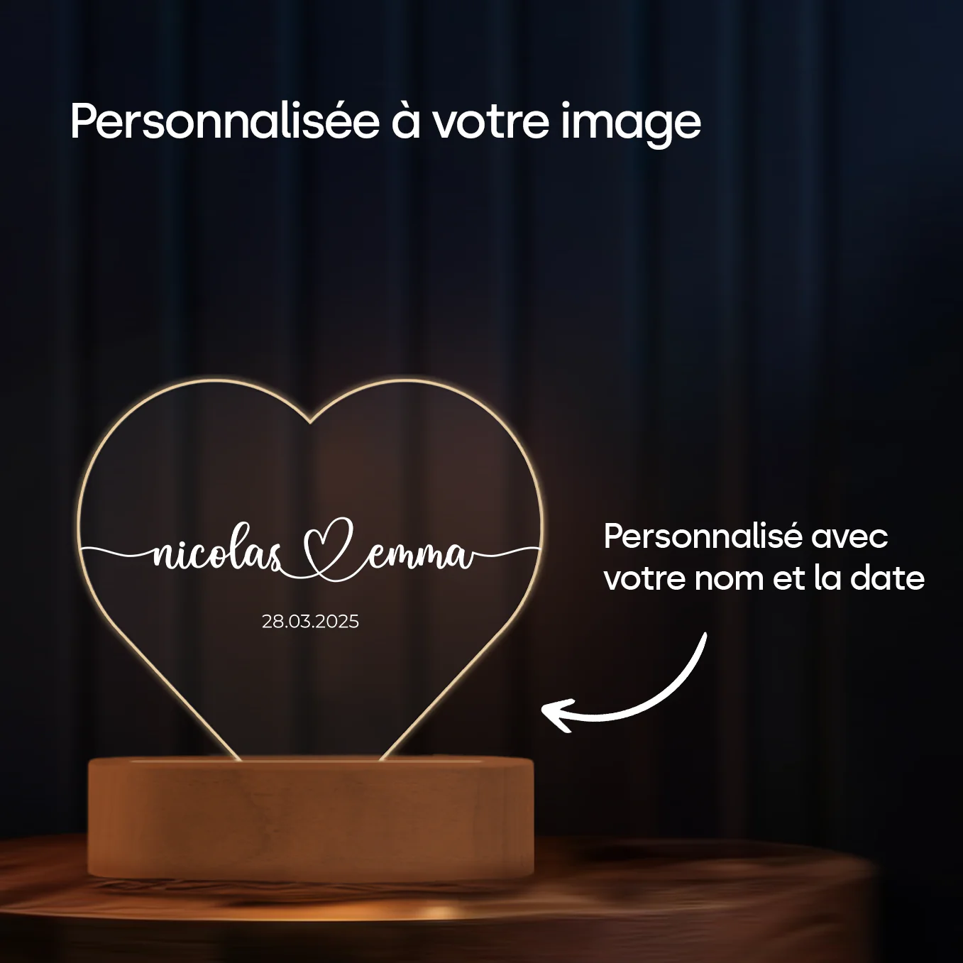 Lumière acrylique coeur personnalisée « Noms et date » | Veilleuse, lumière décorative - Image 13