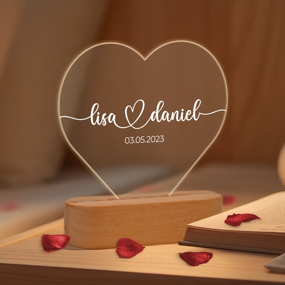 Lumière acrylique coeur personnalisée « Noms et date » | Veilleuse, lumière décorative - Image 4